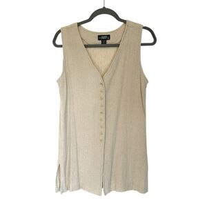 Vintage 907 Company Linen Sleeveless Tunic Size M Button Up Natural Beachy Boho